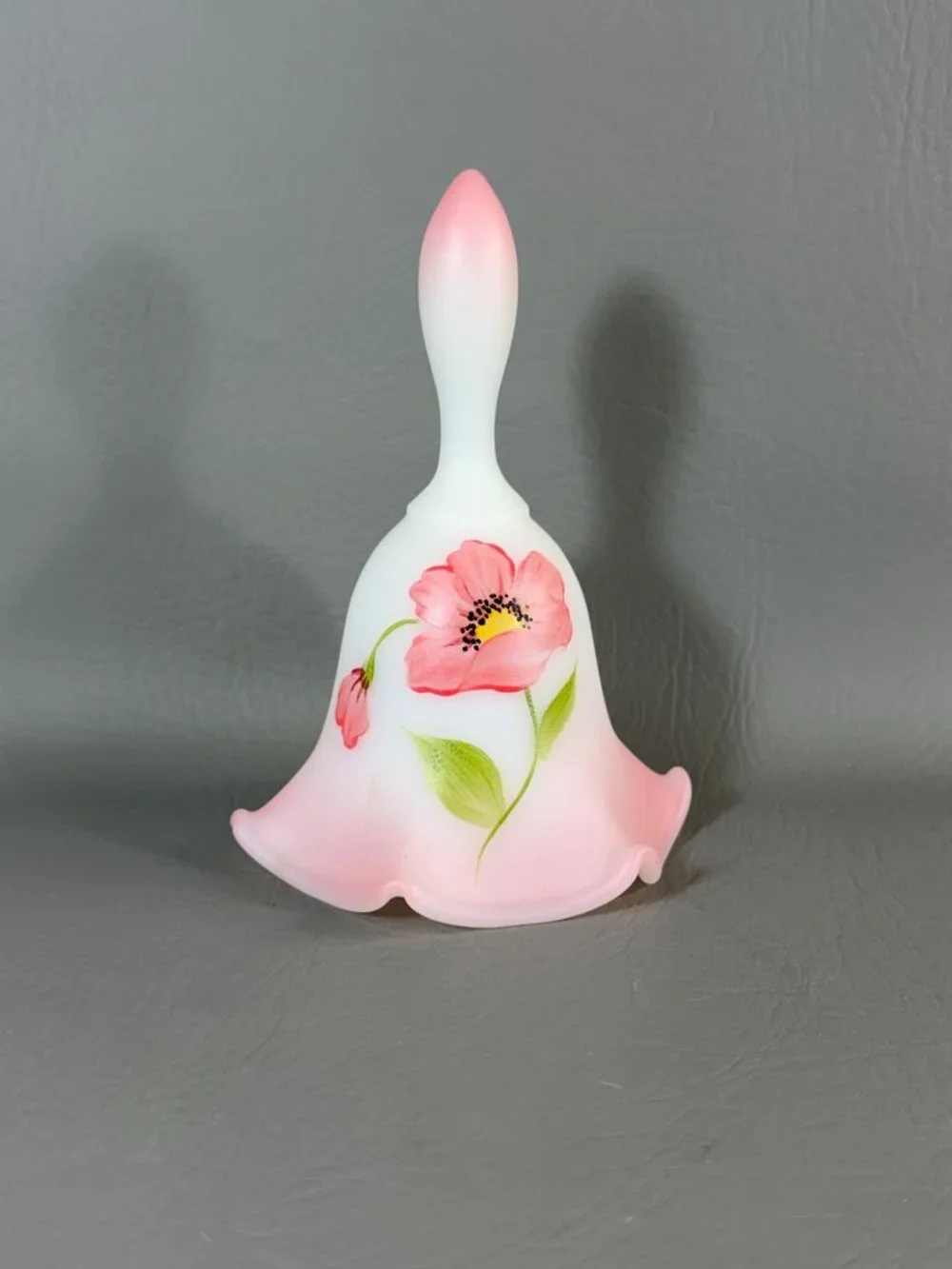 Vintage Fenton Art Glass Bell Hand-Painted Floral Signed M. Kibbe Satin Pink